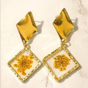 Pressed Yellow Flower Dangle Earrings